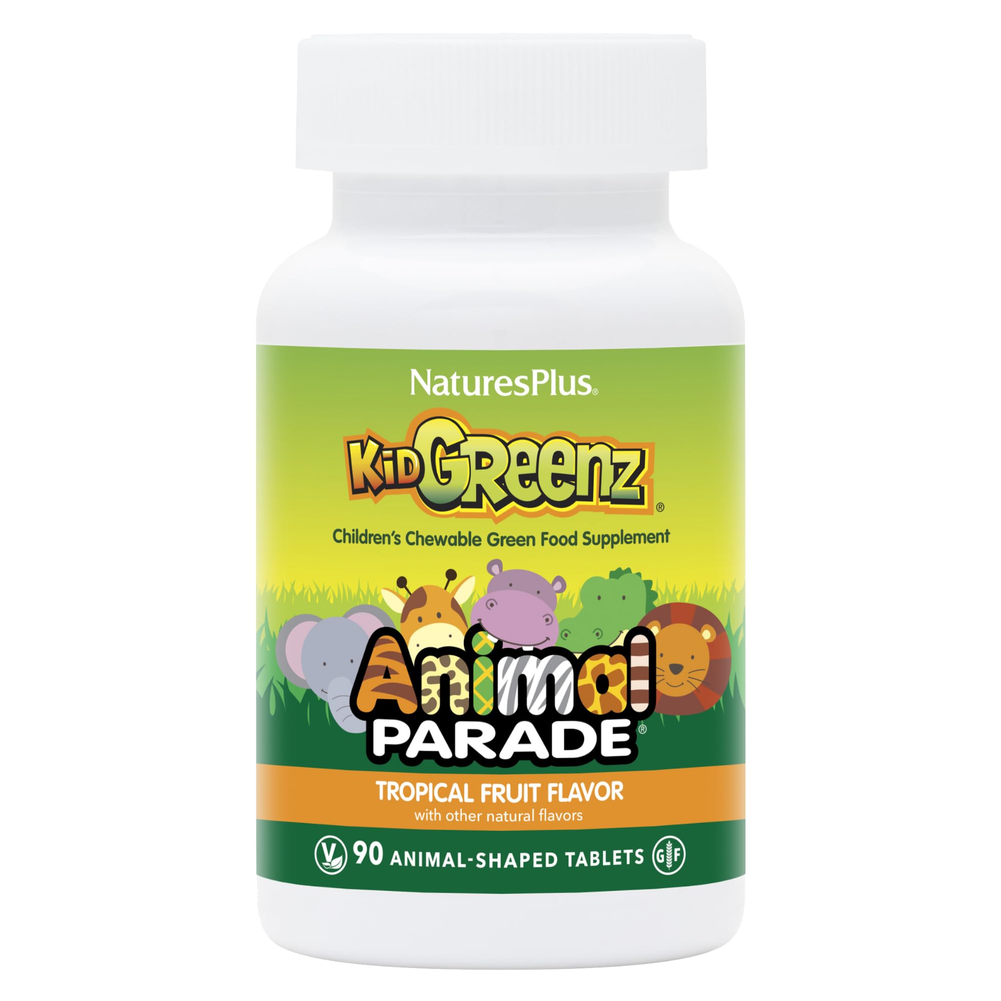 NaturesPlus Animal Parade KidGreenz bottle-front shows kid-friendly nutrition.