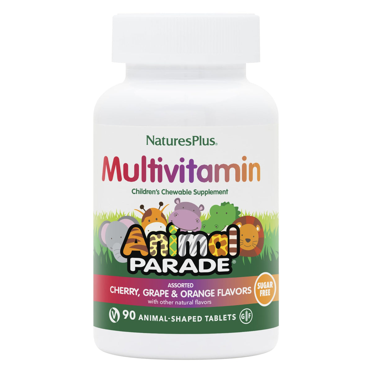NaturesPlus Animal Parade multivitamin bottle label highlights sugar-free nutrition for kids.