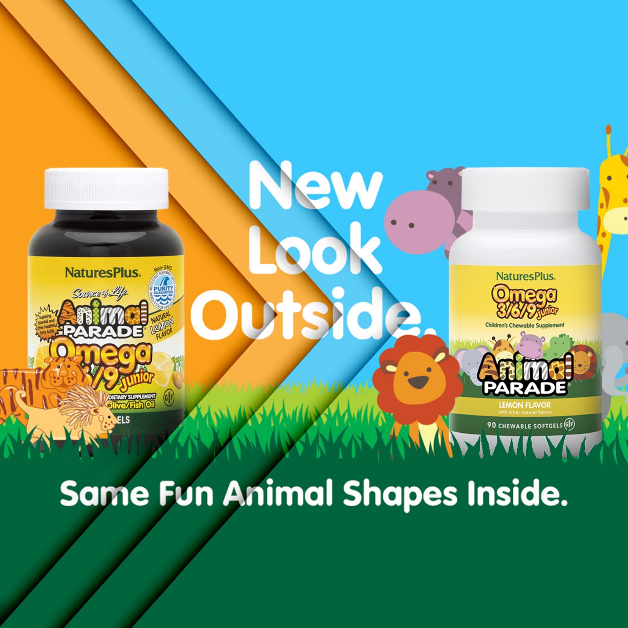 Natures Plus Animal Parade Omega 3/6/9 Junior lemon softgels appeal to kids.