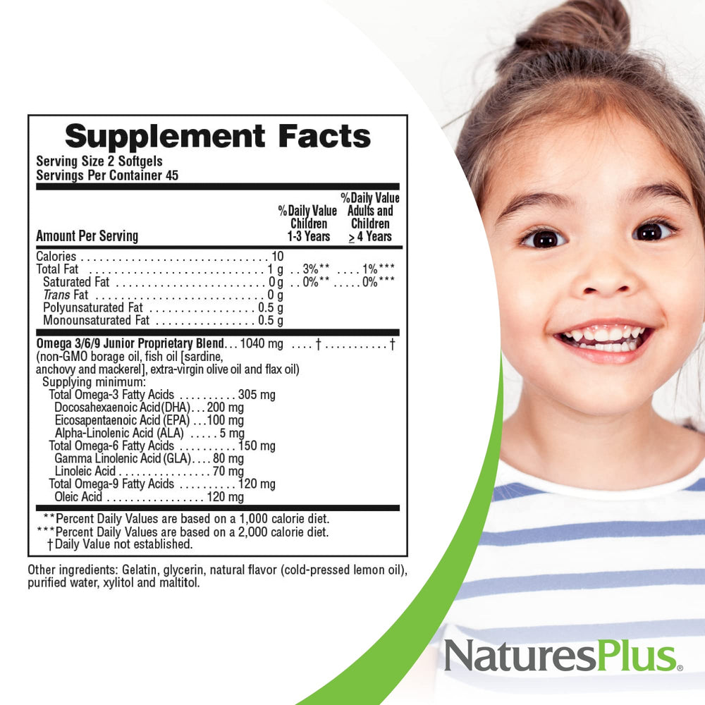 NaturesPlus Animal Parade Omega 3/6/9 Junior non-GMO gluten-free label highlights clean sourcing