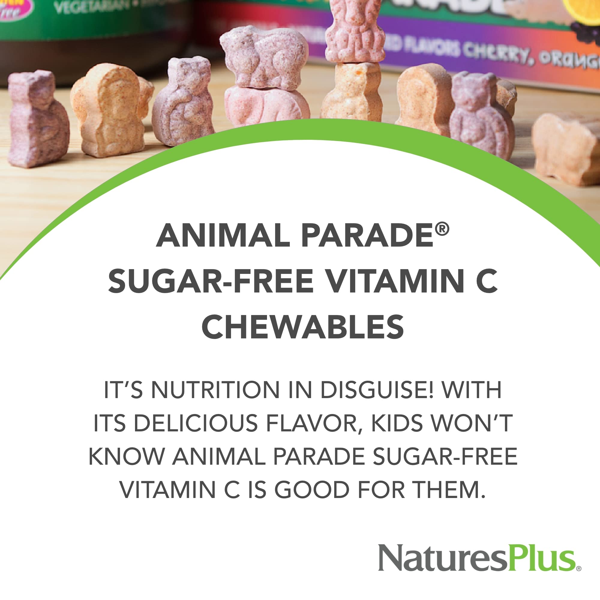 NaturesPlus Animal Parade orange-flavor chews on a spoon highlight natural taste.