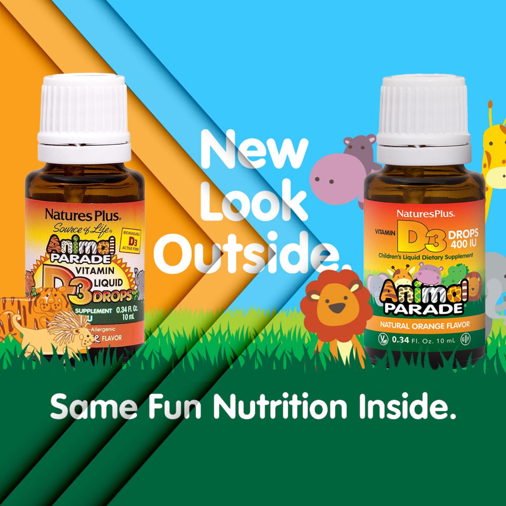 NaturesPlus Animal Parade orange flavor drops appealing to kids for daily vitamin D3