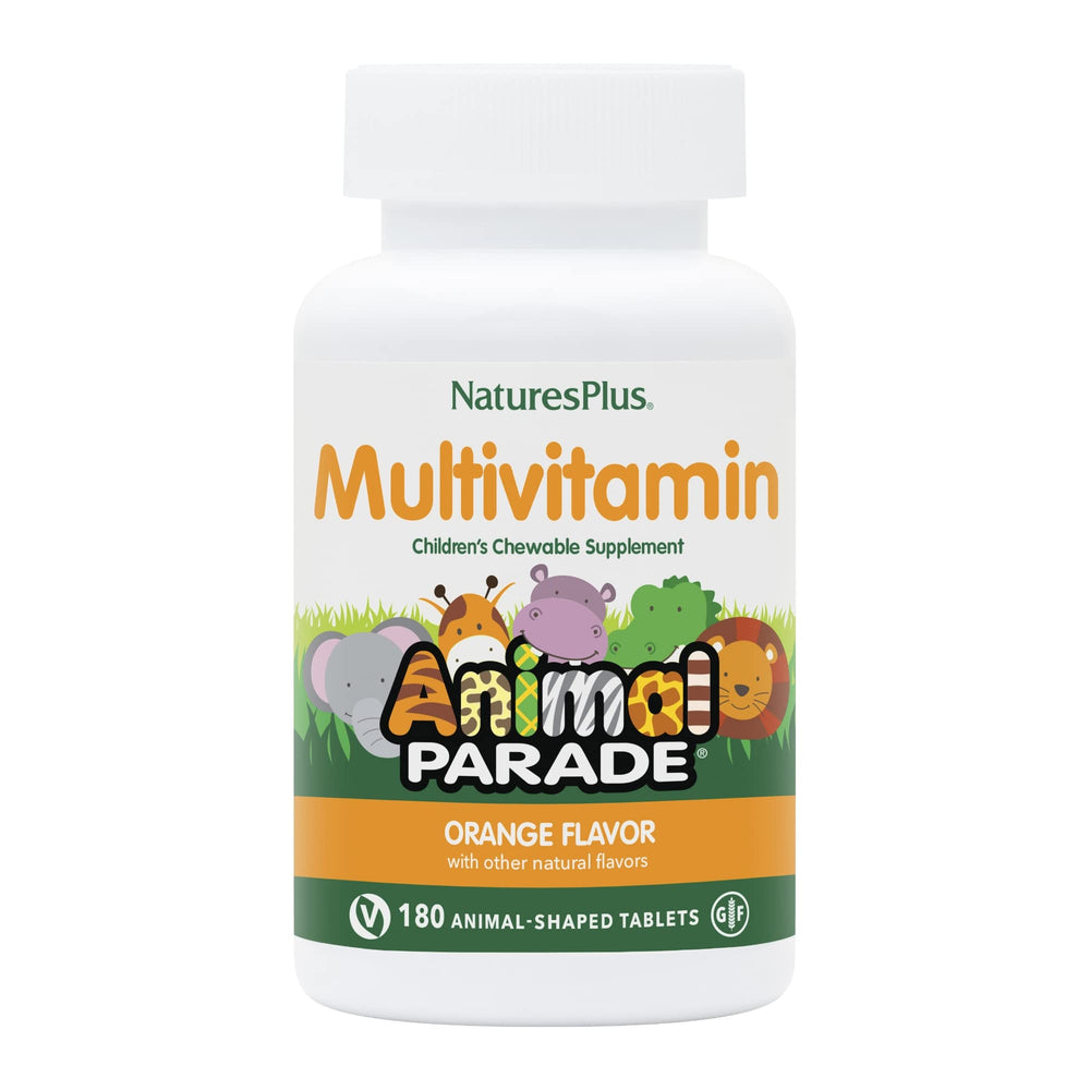 NaturesPlus Animal Parade orange-flavored chewables bottle for kids' daily nutrition.