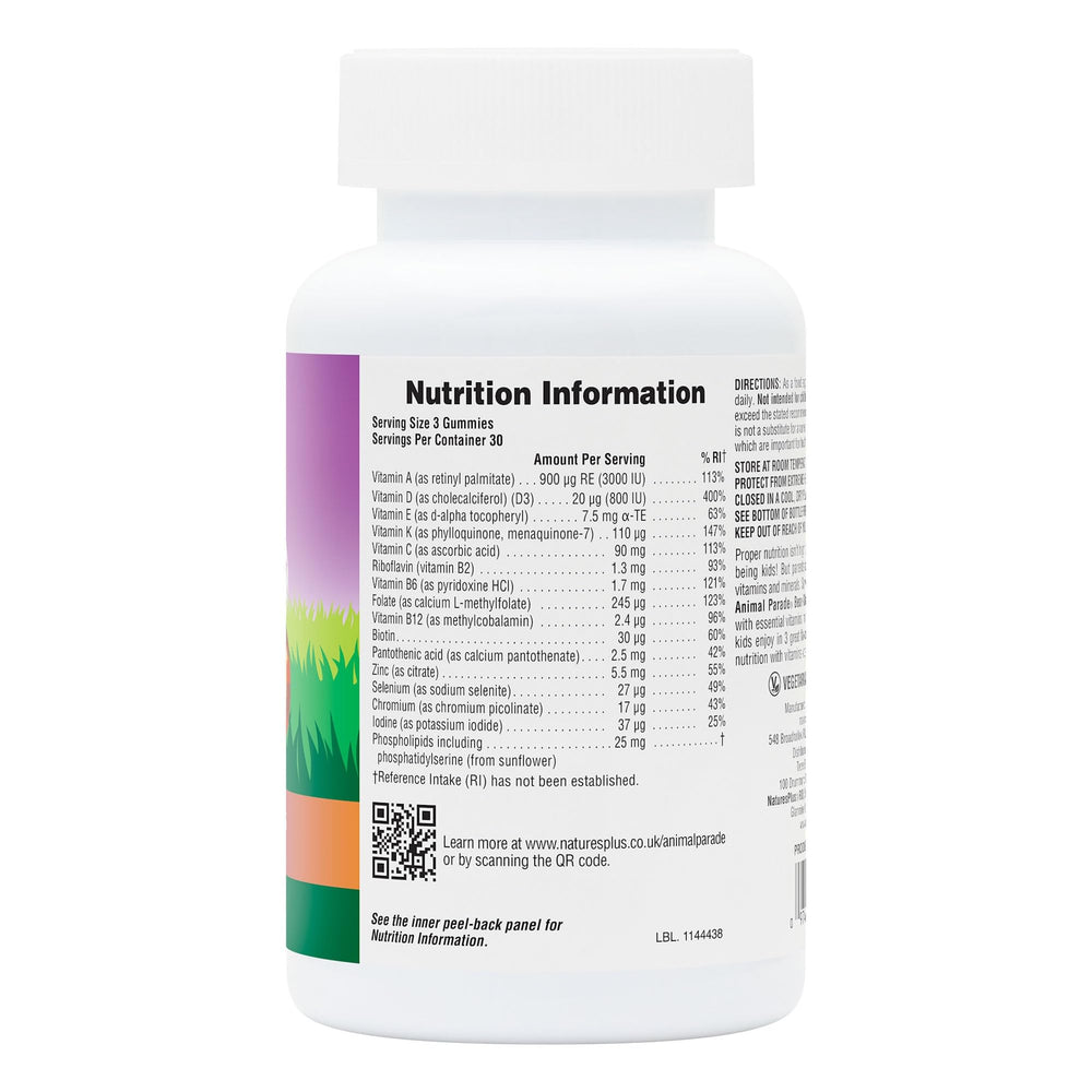 NaturesPlus Animal Parade packaging notes cGMP facilities and FDA/NSF registration.