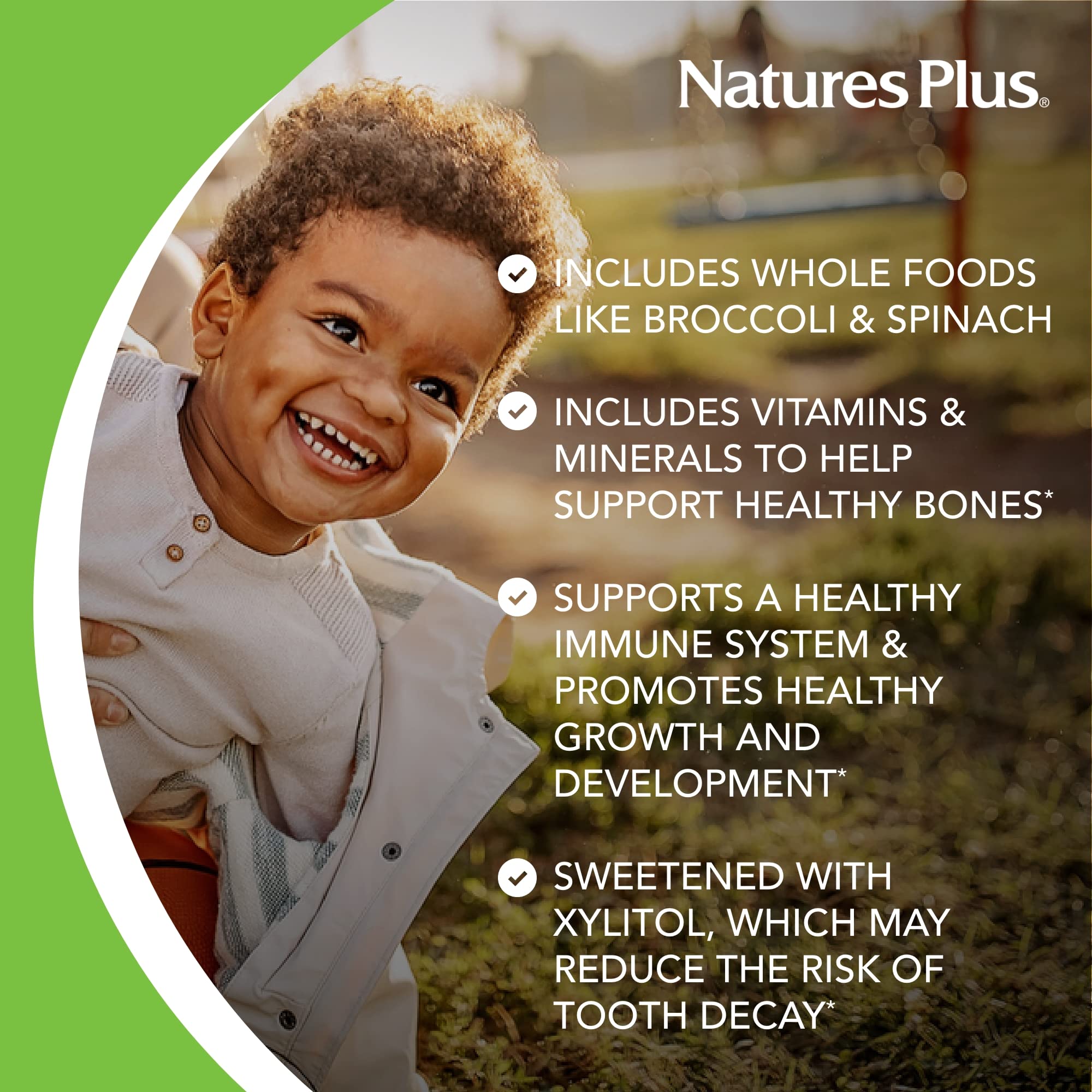 NaturesPlus Animal Parade chewables shown with kid-friendly texture for easy chewing.