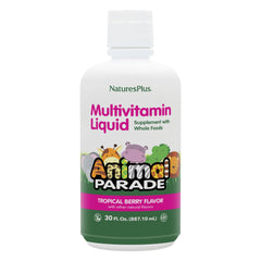 NaturesPlus Animal Parade Tropical Berry bottle pour shows easy daily dosing for kids.