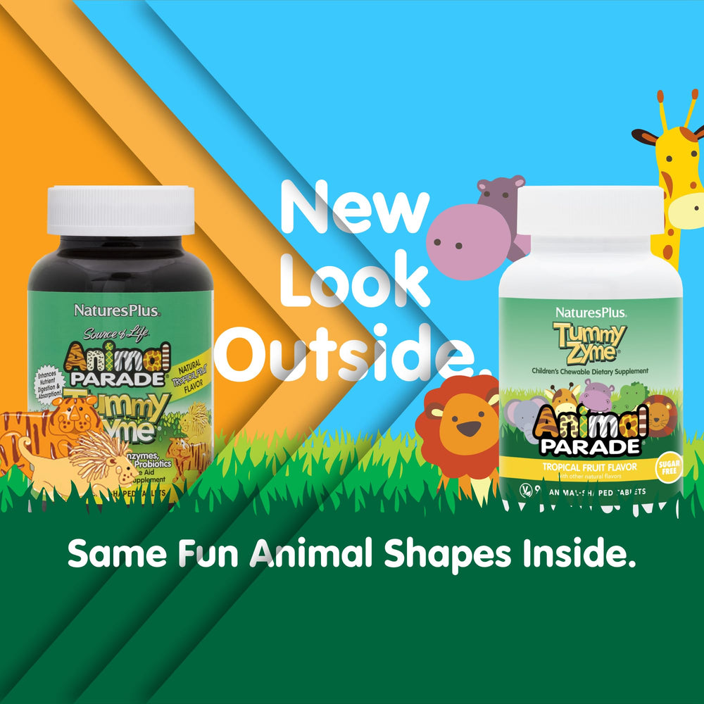 NaturesPlus Animal Parade Tummy Zyme cat-shaped tablets promote a kid-friendly probiotic routine.