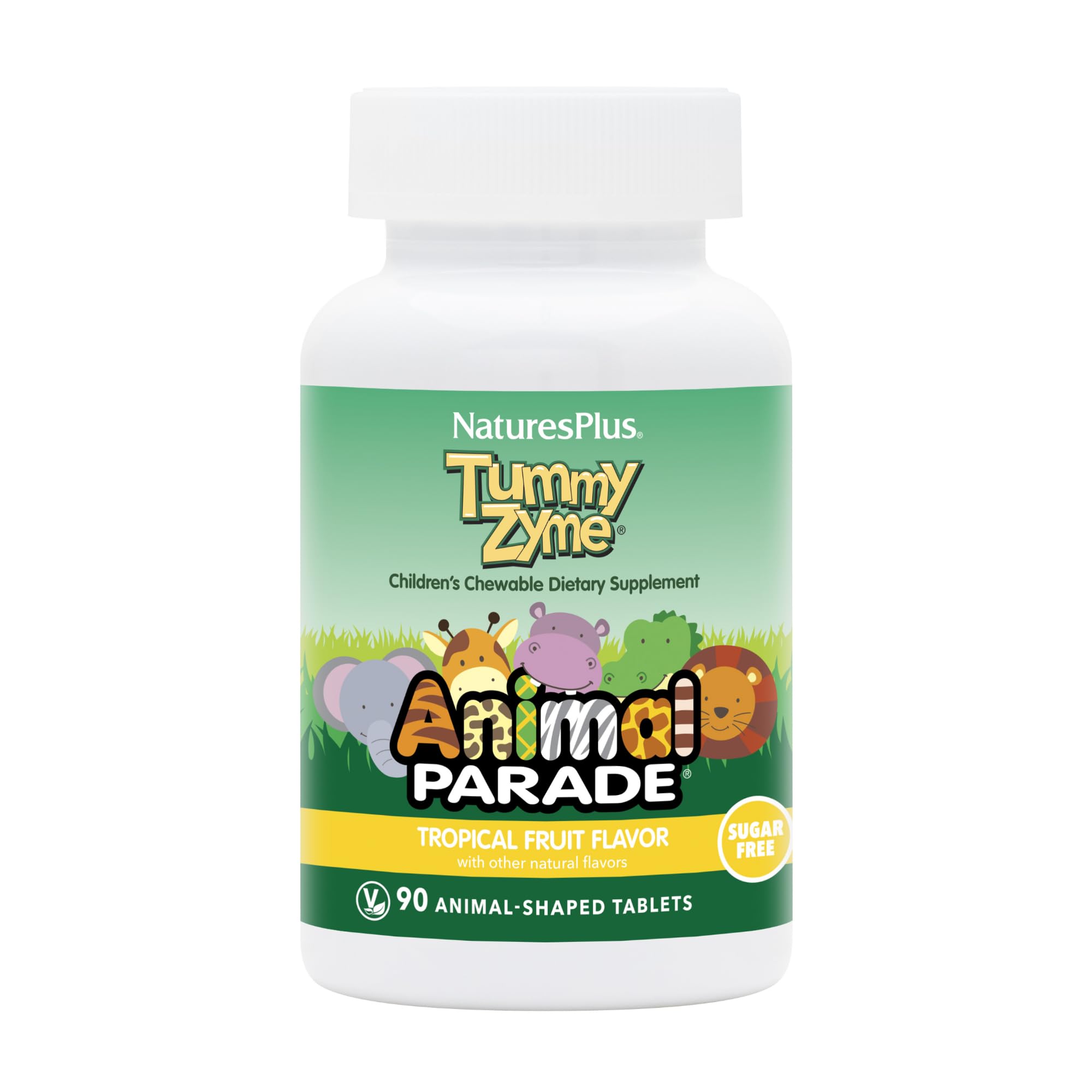 NaturesPlus Animal Parade Tummy Zyme dog-shaped tablets support gentle digestion for kids.
