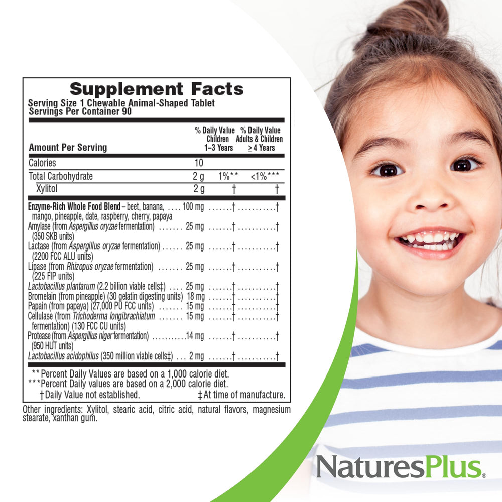 NaturesPlus Animal Parade Tummy Zyme probiotic blend supports balanced digestion in children.
