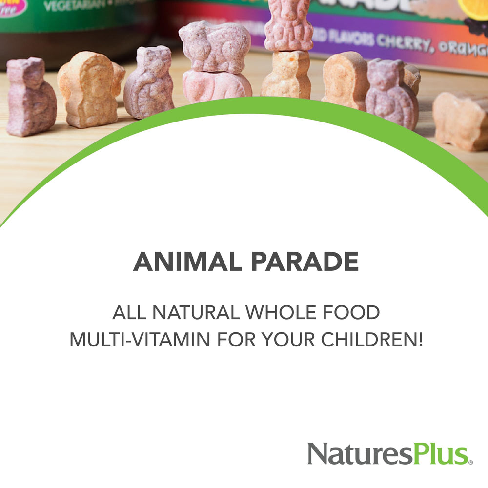 NaturesPlus Animal Parade Tummy Zyme tropical-fruit flavor enhances daily digestion for children.