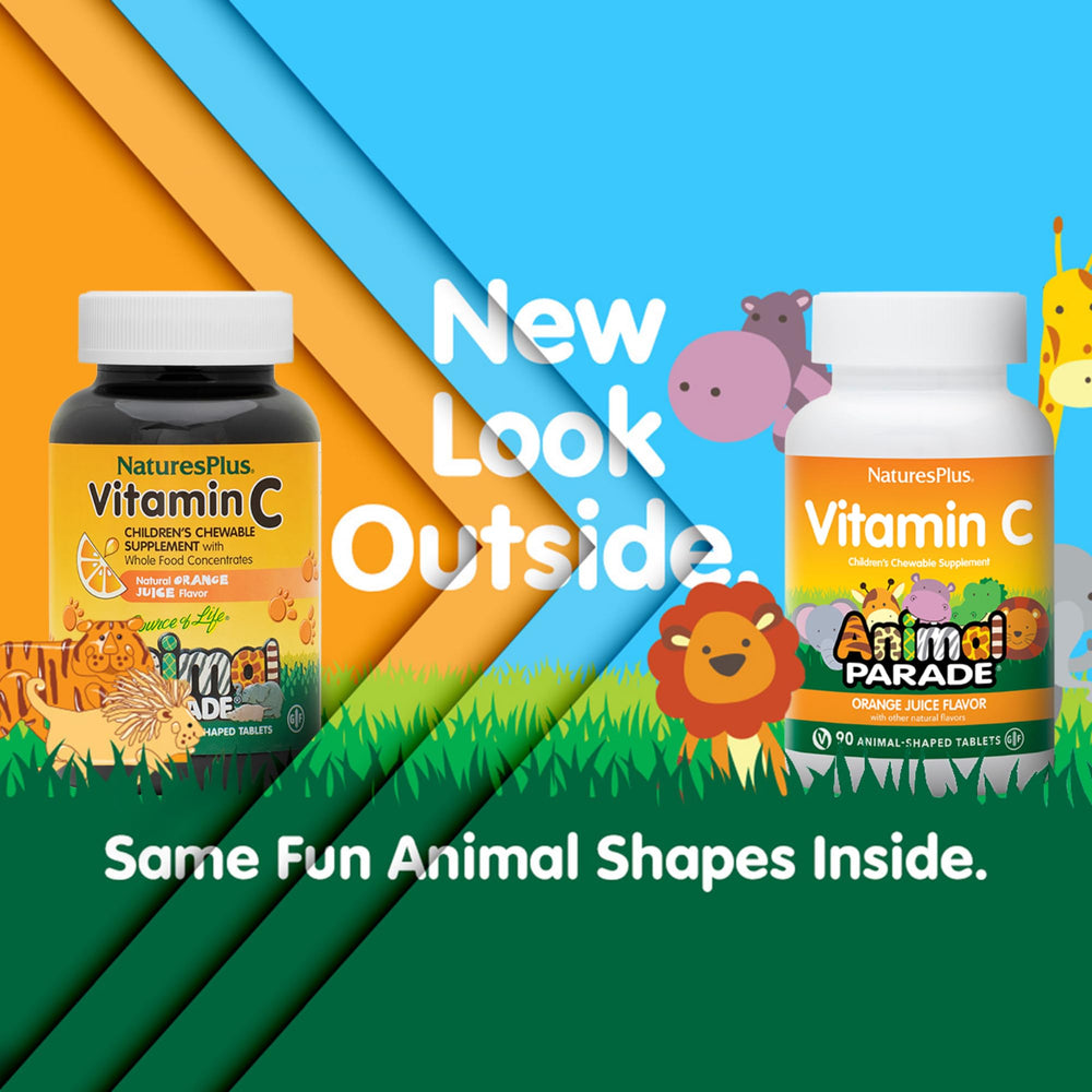 NaturesPlus Animal Parade bottle back shows ingredients and routine use.