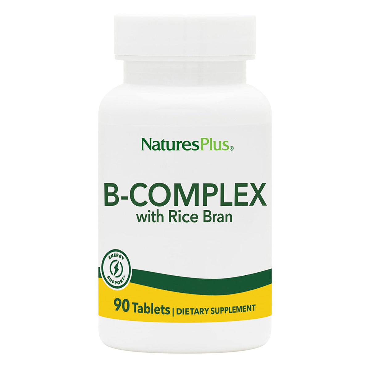 NaturesPlus B-Complex with Rice Bran bottle front highlights vegetarian, gluten-free formula for daily energy support.