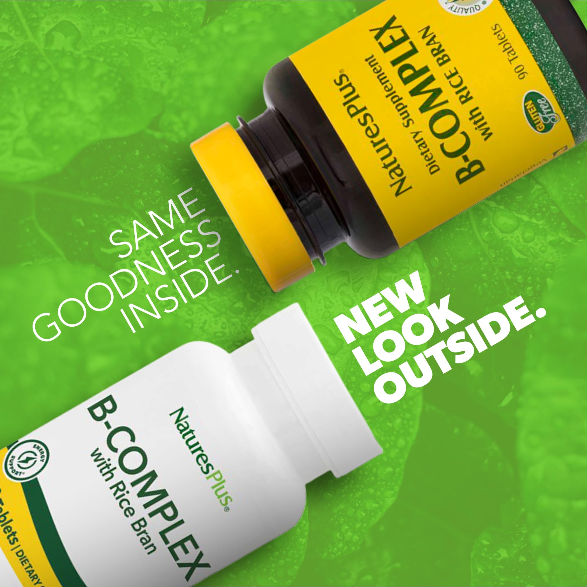NaturesPlus B-Complex with Rice Bran label closeup shows high-quality ingredients for balanced metabolism.