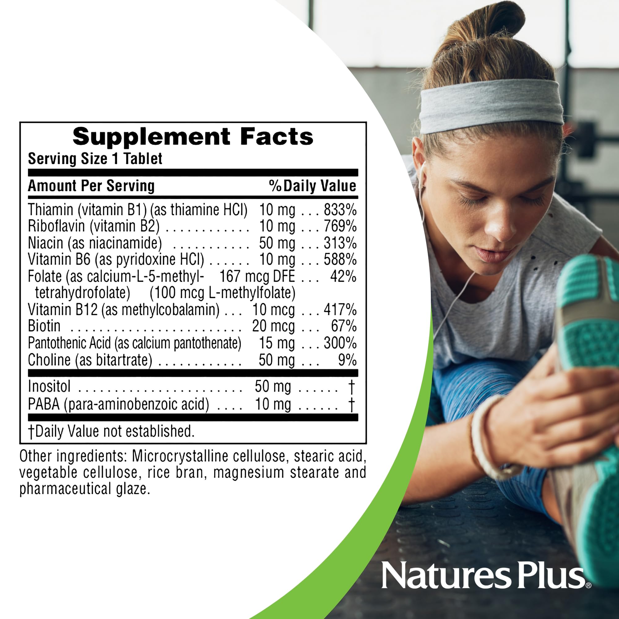 NaturesPlus B-Complex with Rice Bran nutrition facts card communicates gluten-free, vegetarian friendly formula.