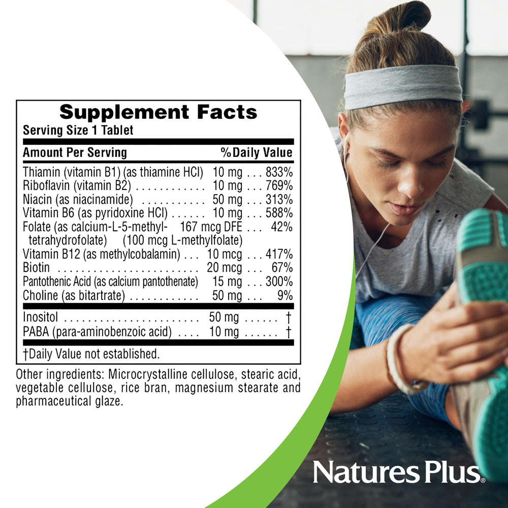 NaturesPlus B-Complex with Rice Bran nutrition facts card communicates gluten-free, vegetarian friendly formula.