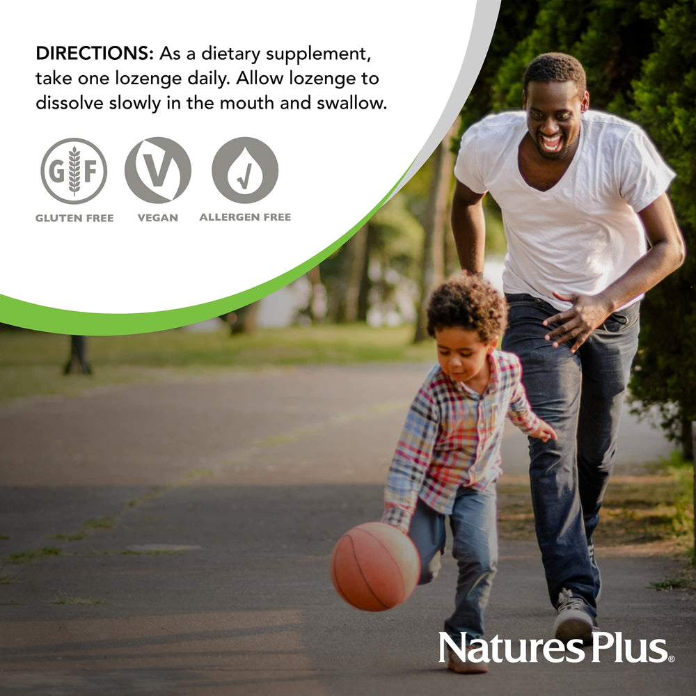 NaturesPlus B12 lozenges raspberry dissolving in mouth.