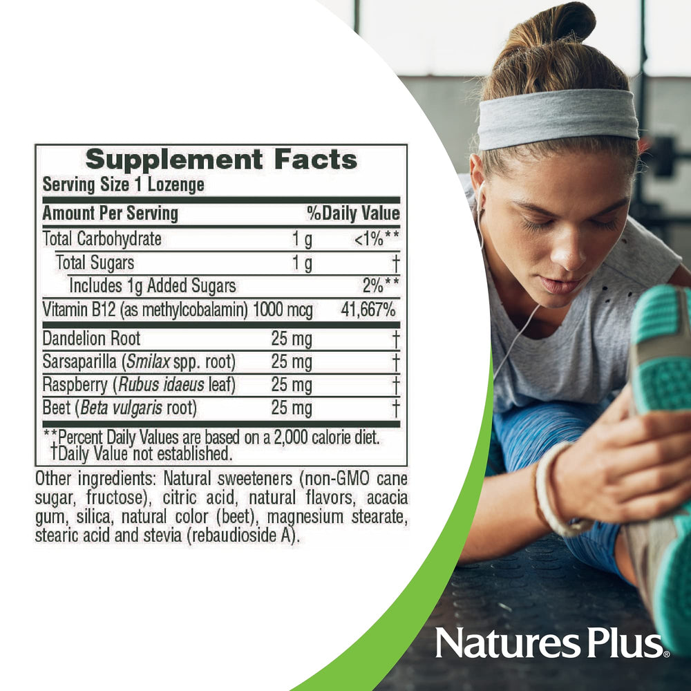 NaturesPlus B12 lozenges raspberry lozenge close-up.