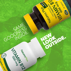 NaturesPlus B12 methylcobalamin bottle closeup showing bioactive form for better absorption.