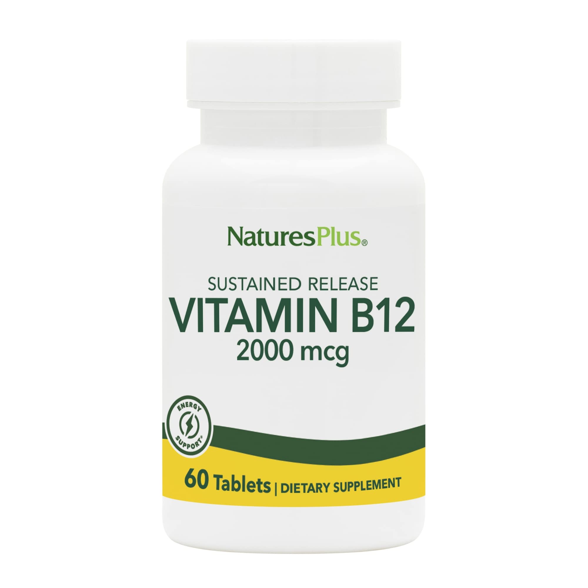 Nature's Plus B12 methylcobalamin tablets being poured for easy daily energy support.
