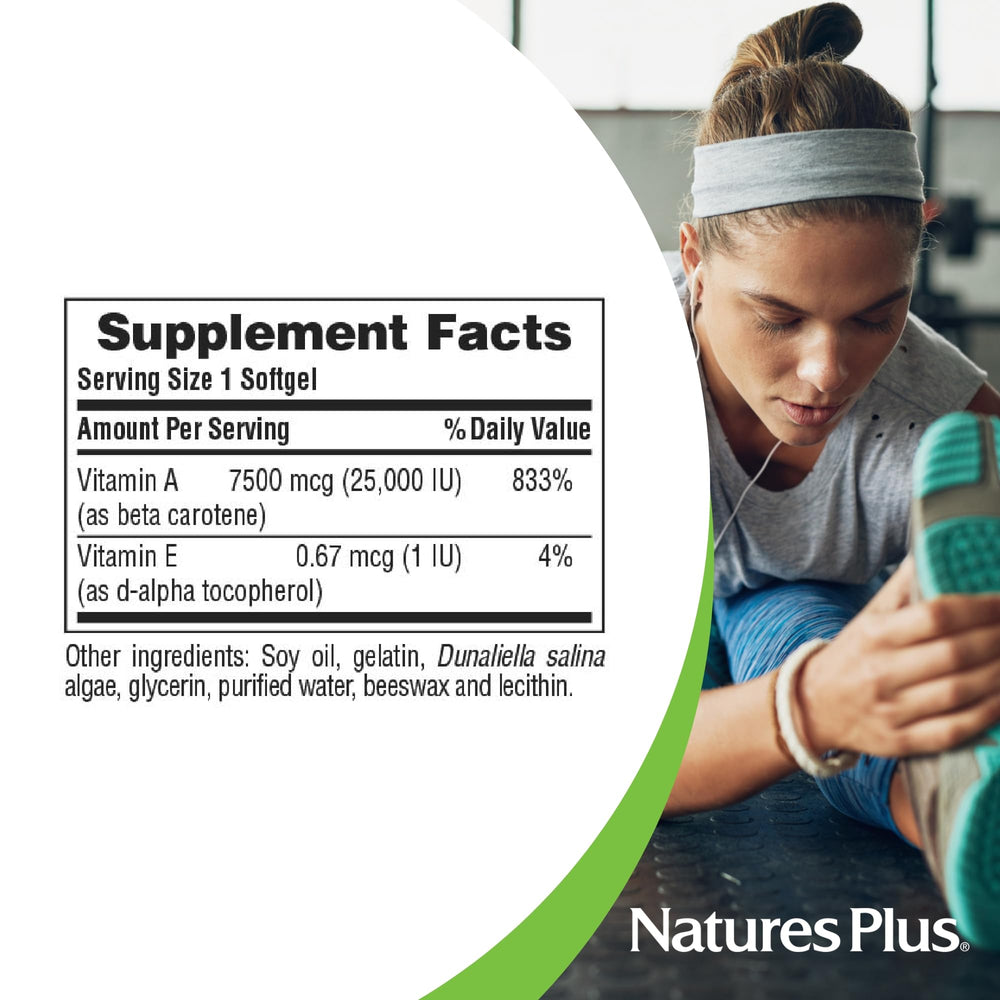 NaturesPlus Beta Carotene packaging emphasizing gluten-free claim and 90 servings