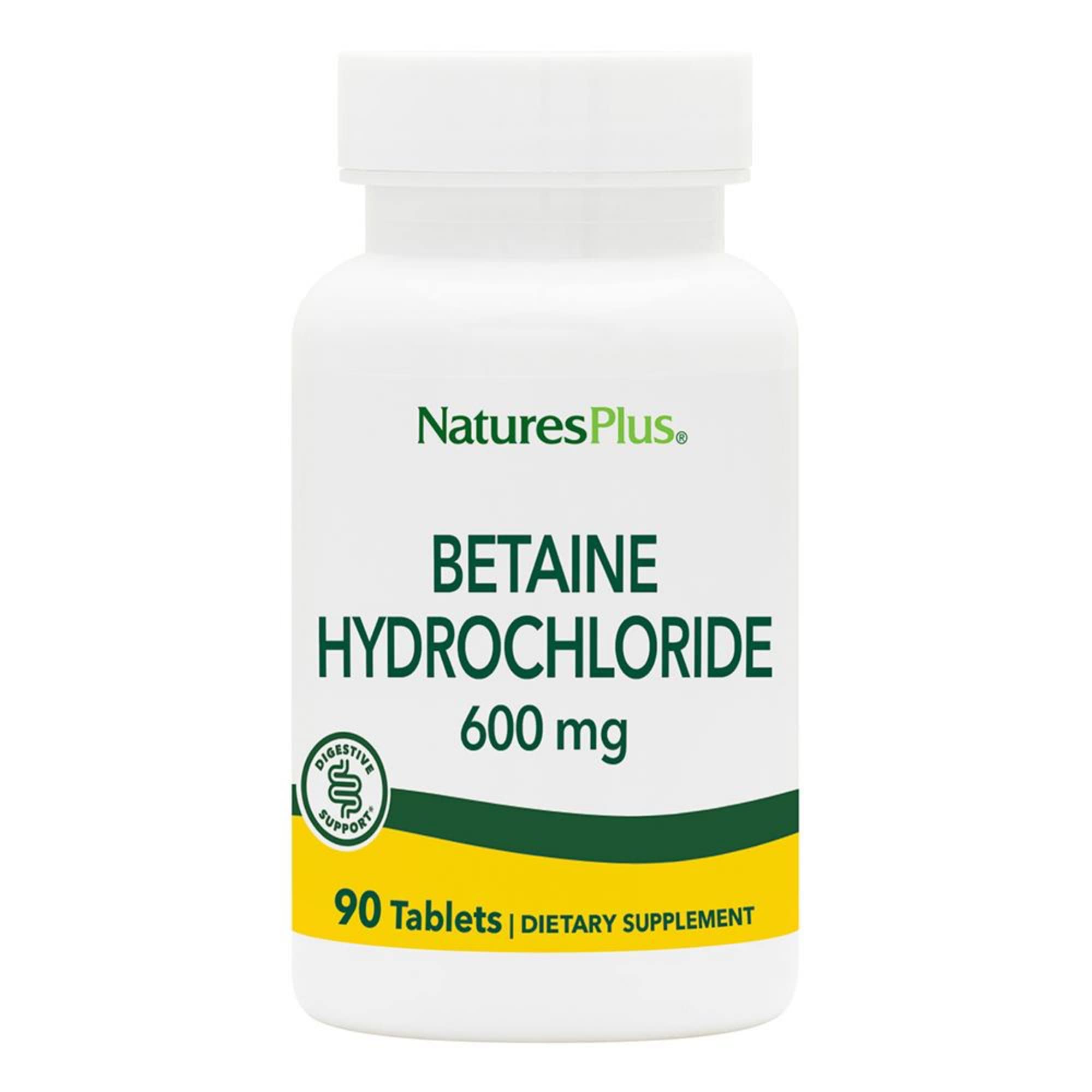 NaturesPlus Betaine HCl 600 mg bottle on kitchen counter for digestive support