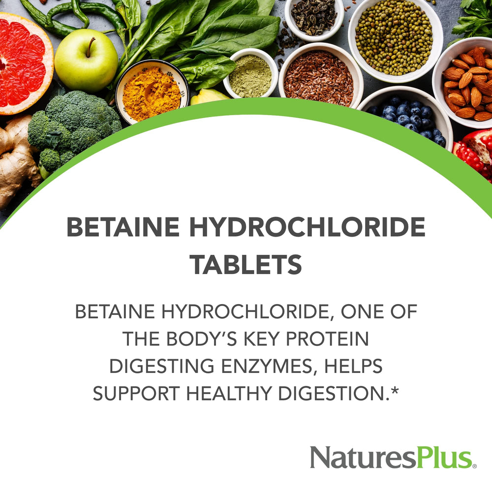 NaturesPlus Betaine HCl 600 mg tablets in hand for on the go digestive support