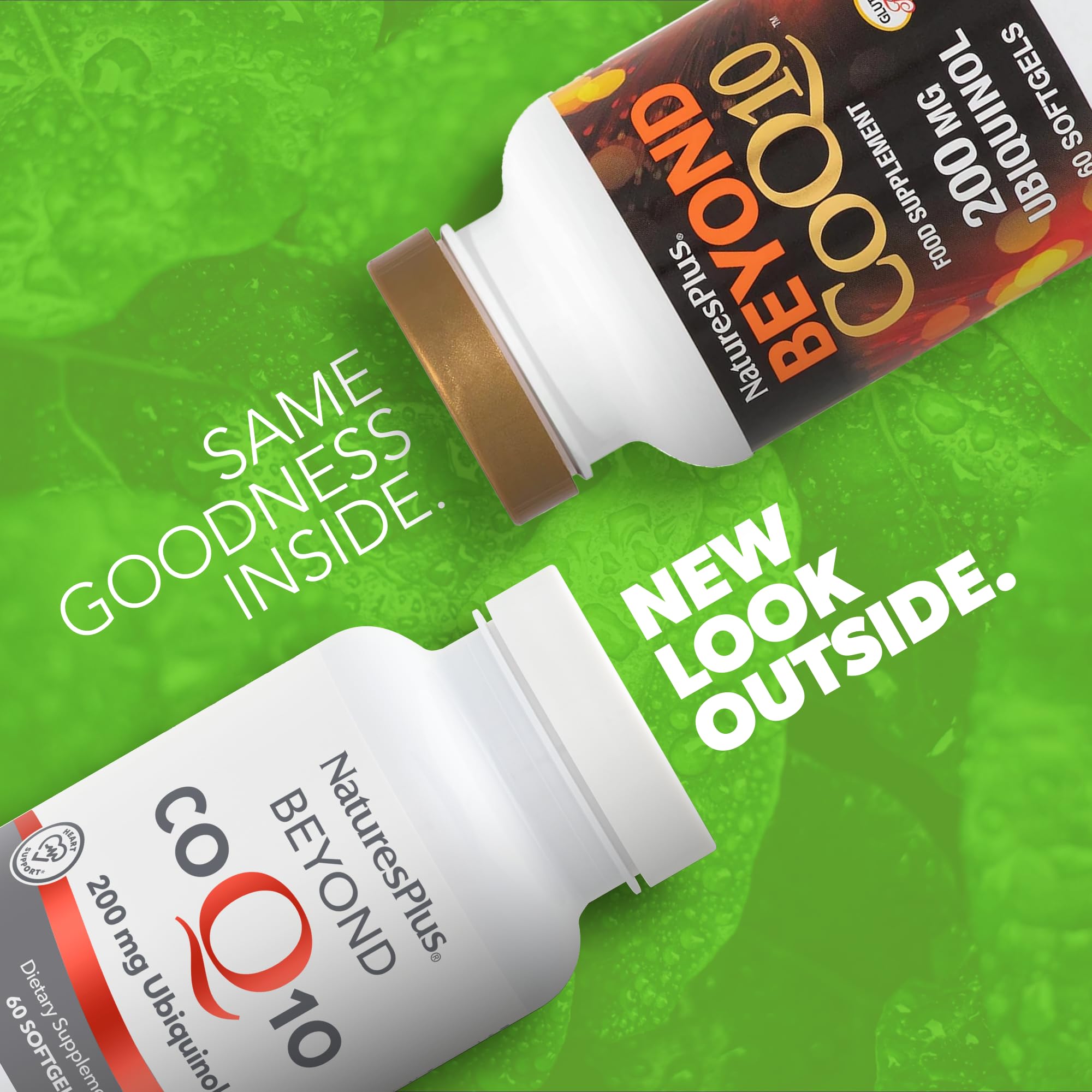 NaturesPlus Beyond CoQ10 softgels closeup showing smooth easy to swallow capsules