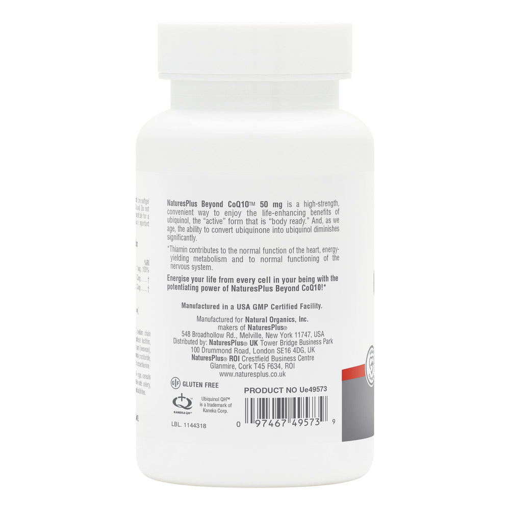 Nature'sPlus Beyond CoQ10 absorption illustration shows fats and minerals aiding uptake.