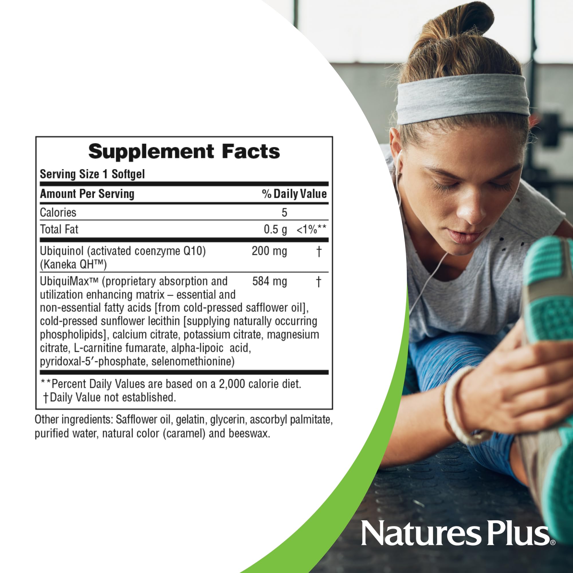 NaturesPlus Beyond CoQ10 allergen free icons highlighting gluten free and soy free.