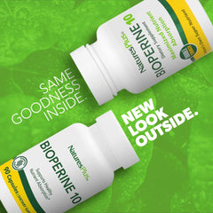 NaturesPlus Bioperine 10 bottle back view with ingredients and dietary notes.