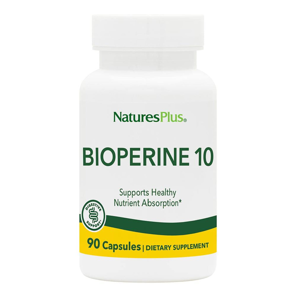 NaturesPlus Bioperine 10 bottle front view showing vegan and gluten-free packaging.