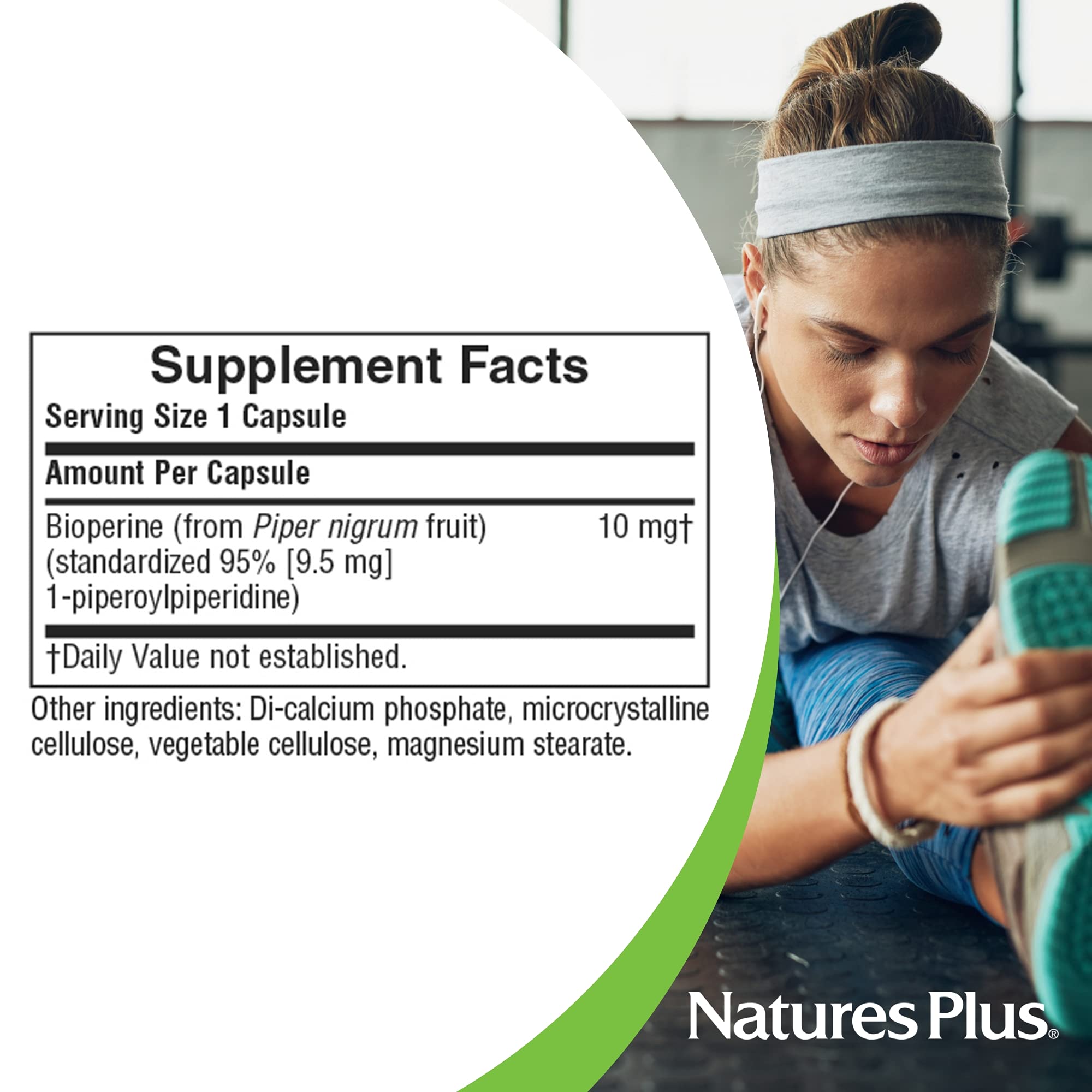 NaturesPlus Bioperine 10 vegan gluten-free badge on packaging.