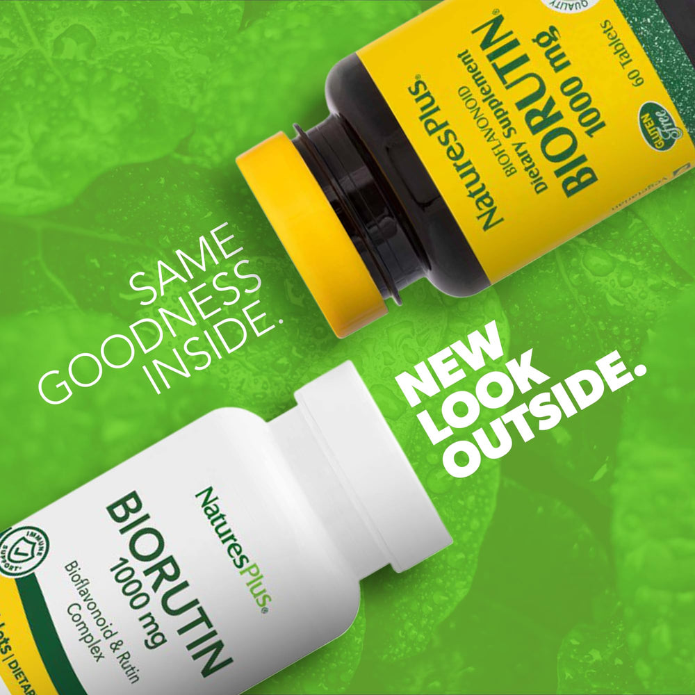 NaturesPlus Biorutin bottle front label shows vegetarian, gluten-free bioflavonoid complex.