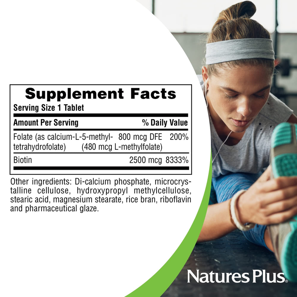 Bottle of NaturesPlus Biotin and Folic Acid on kitchen counter