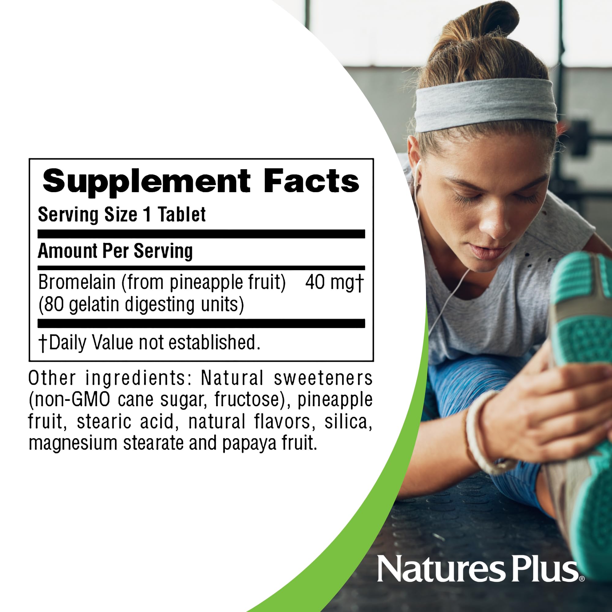 NaturesPlus bromelain 40 mg packaging box emphasizes quality and trust.