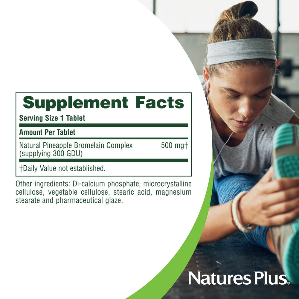 Close-up of bromelain tablets highlighting 500 mg potency for everyday wellness.
