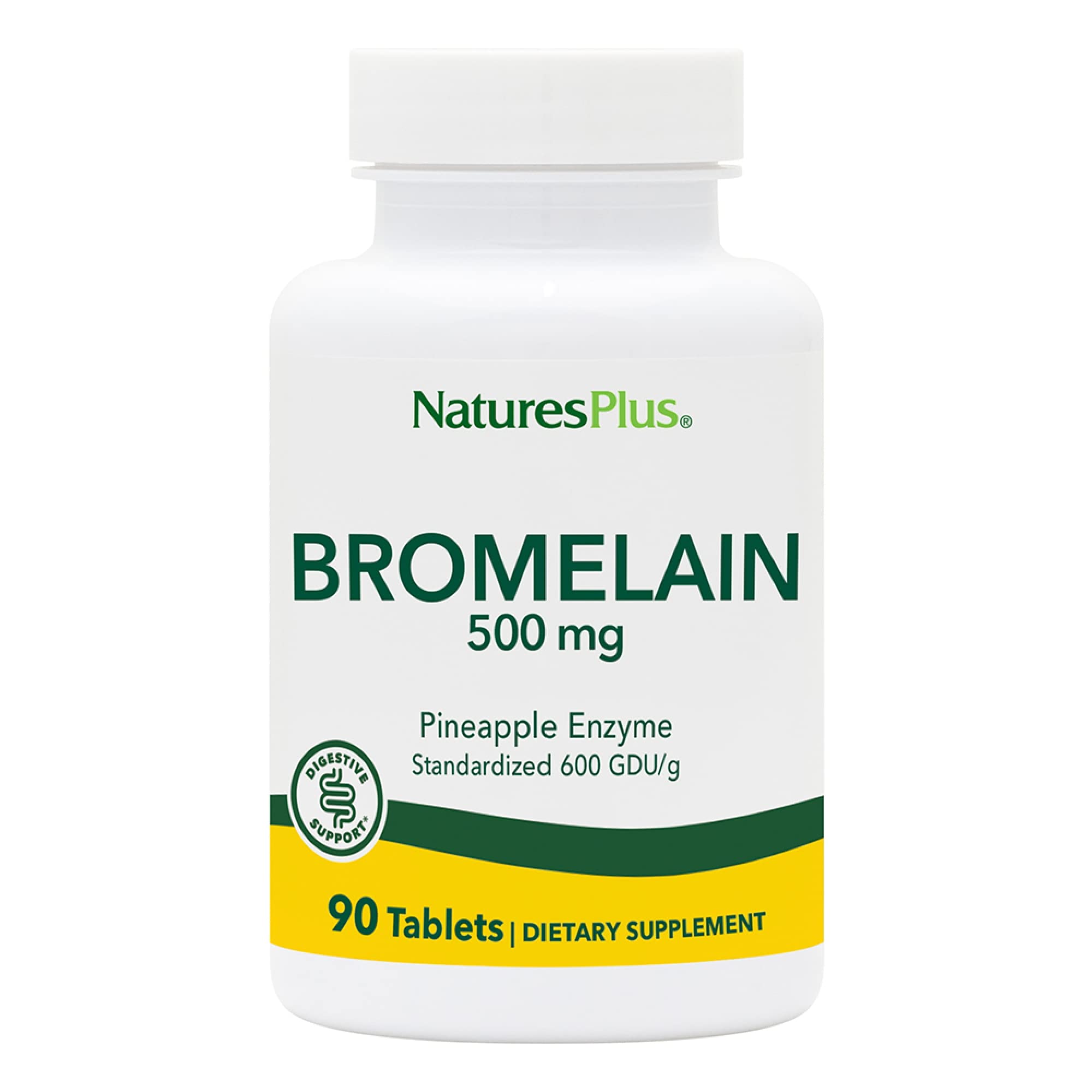 NaturesPlus Bromelain 500 mg tablets in bottle, emphasizing 90 servings for daily wellness.