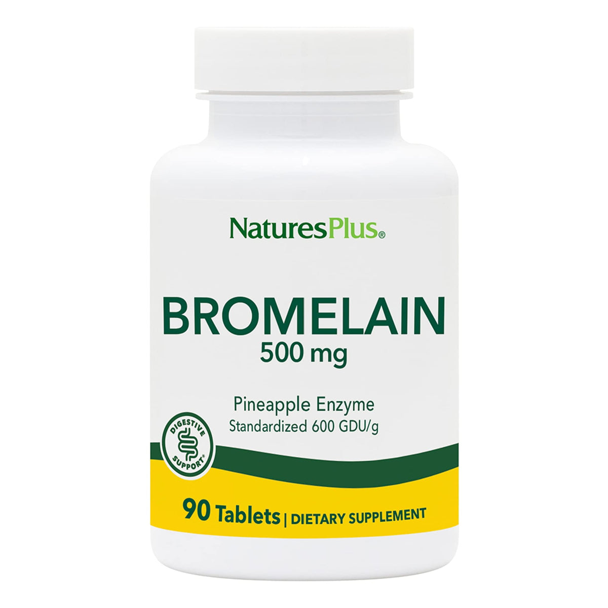 NaturesPlus Bromelain 500 mg tablets in bottle, emphasizing 90 servings for daily wellness.