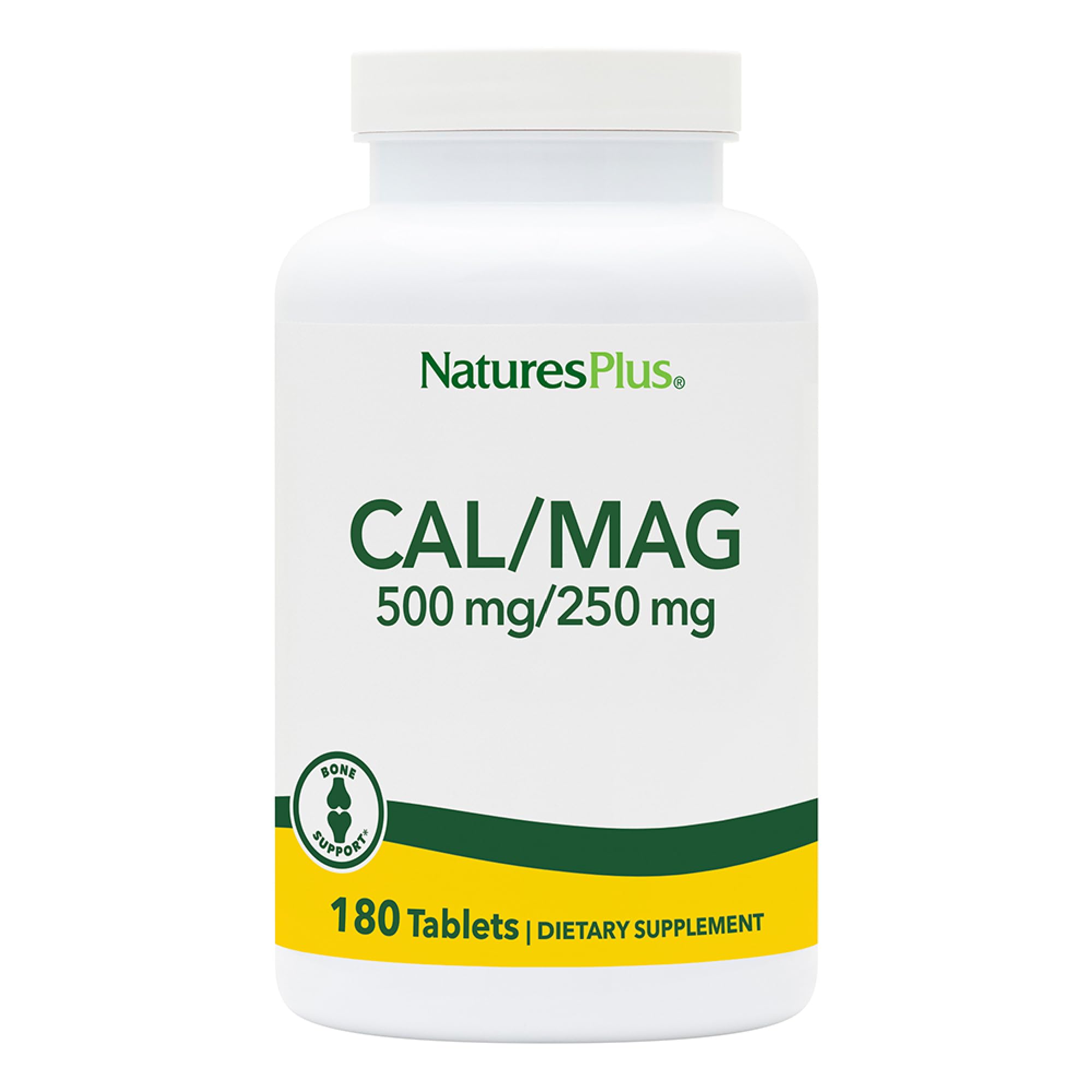 NaturesPlus Cal/Mag bottle-front view highlighting daily support for calcium and magnesium