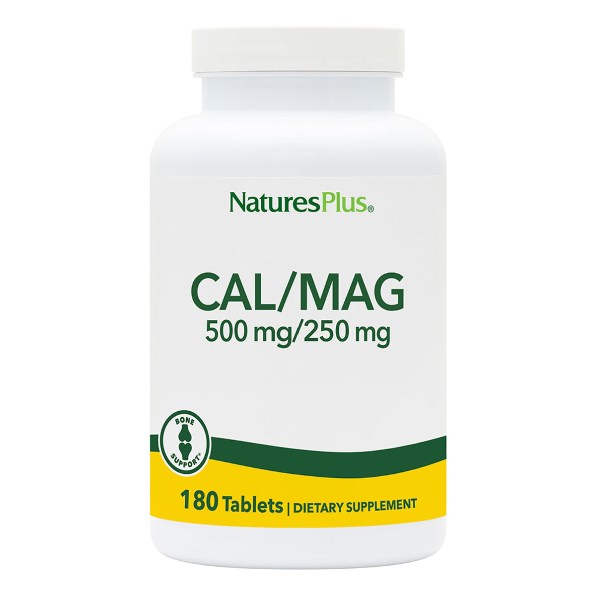 NaturesPlus Cal/Mag bottle-front view highlighting daily support for calcium and magnesium