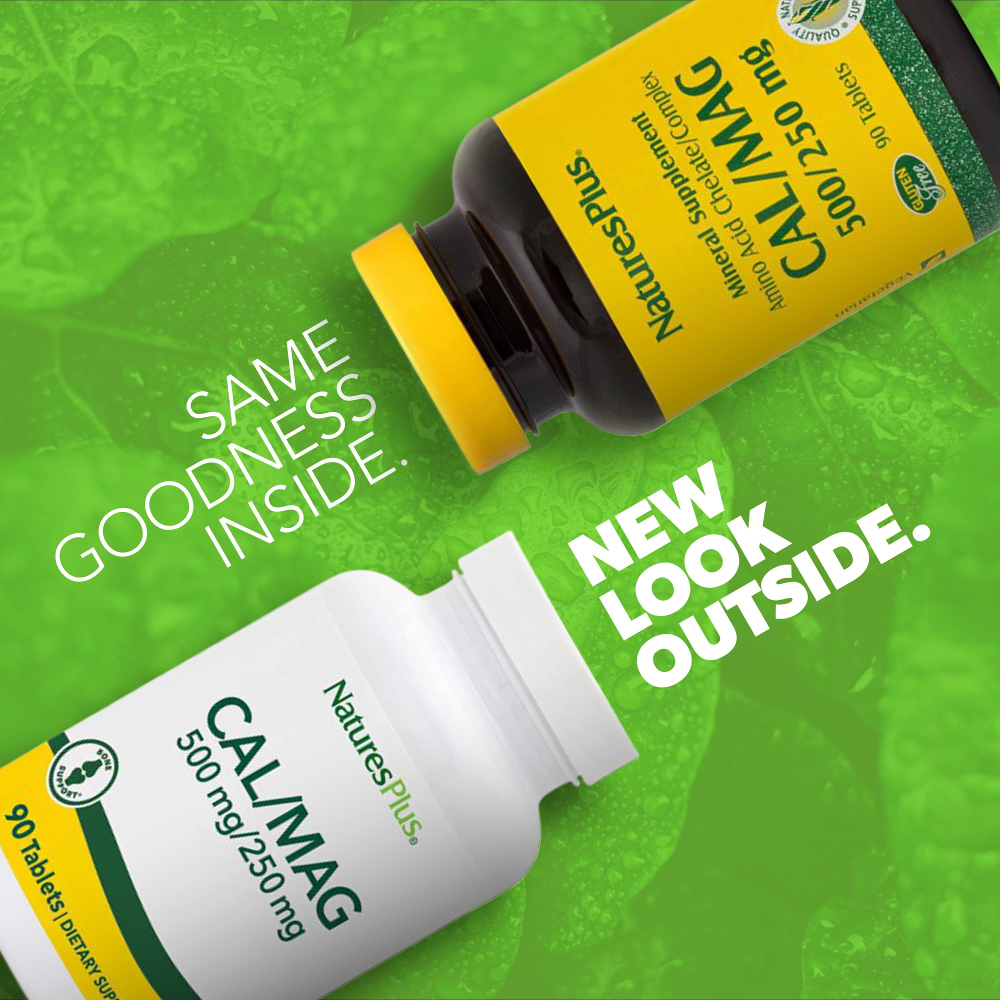Close-up of NaturesPlus Cal/Mag vegetarian tablets, easy-to-swallow