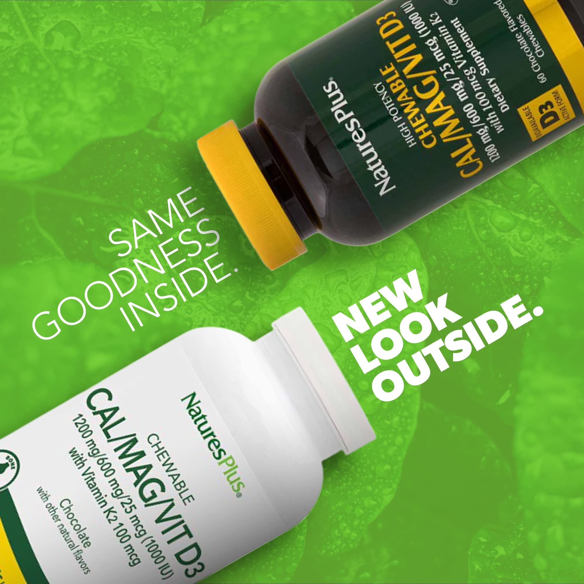 NaturesPlus Cal/Mag/Vit D3 with K2 bottle back shows supplement facts and ingredients.