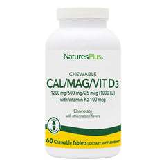 NaturesPlus Cal/Mag/Vit D3 with K2 chewable bottle front view for convenient daily mineral support.