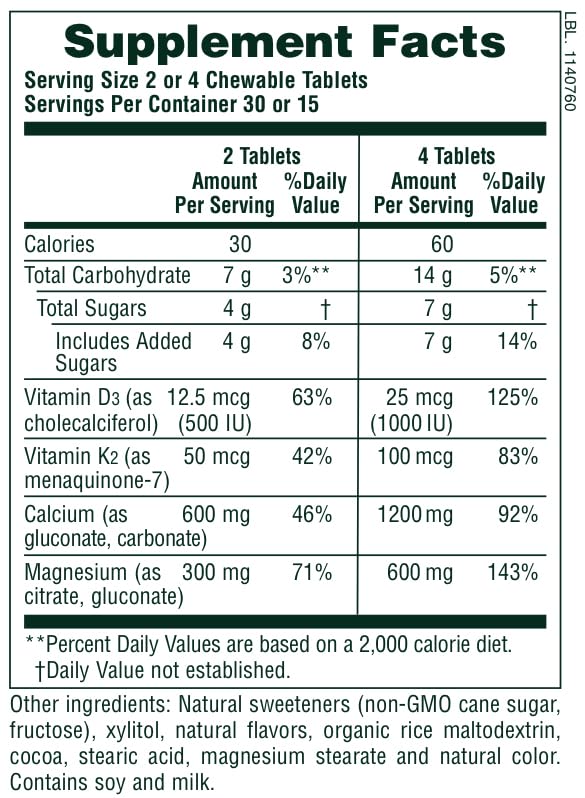 Ingredients panel highlighting calcium, magnesium, vitamin D3, and vitamin K2.