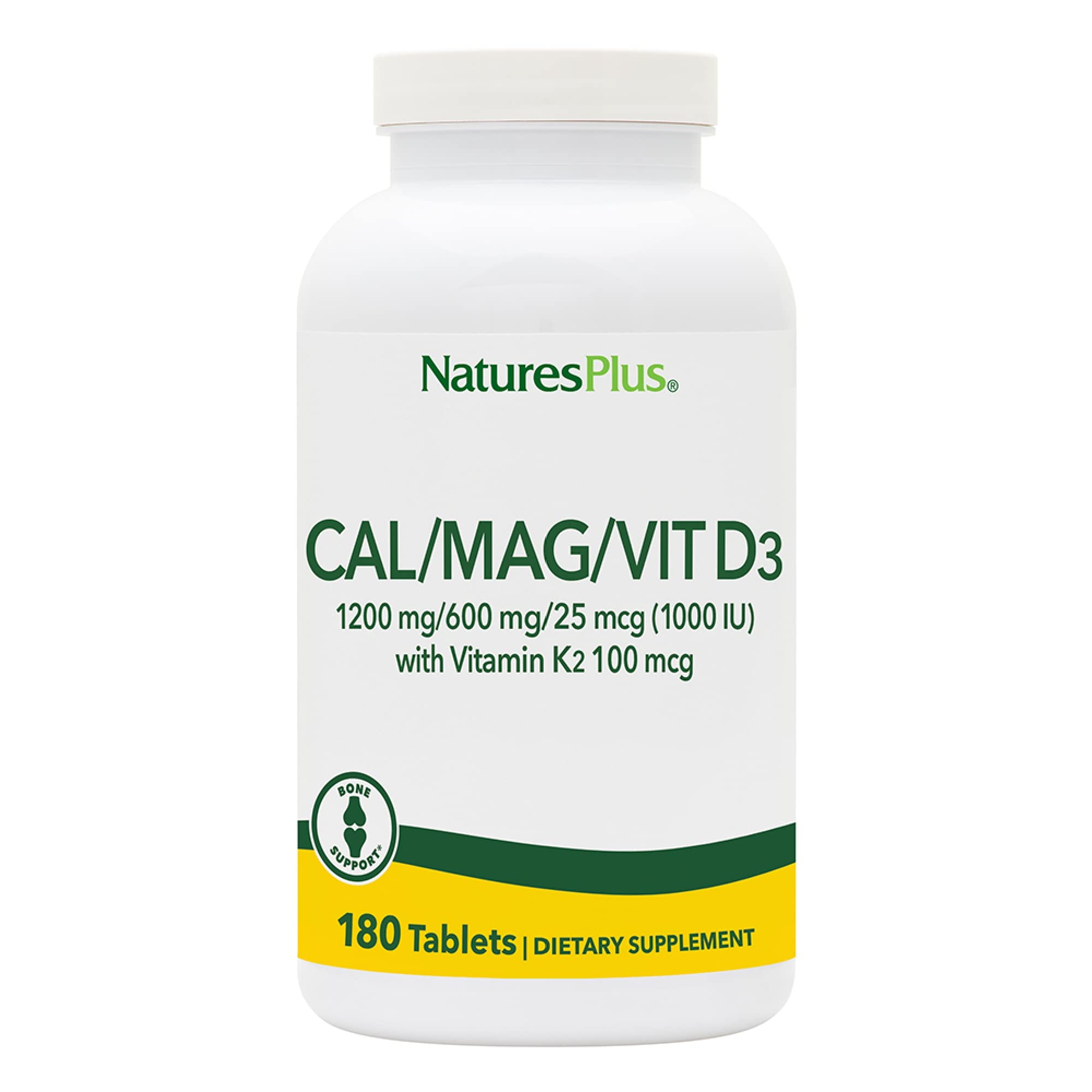 NaturesPlus Calcium Magnesium Vitamin D3 with K2 bottle front for bone support.