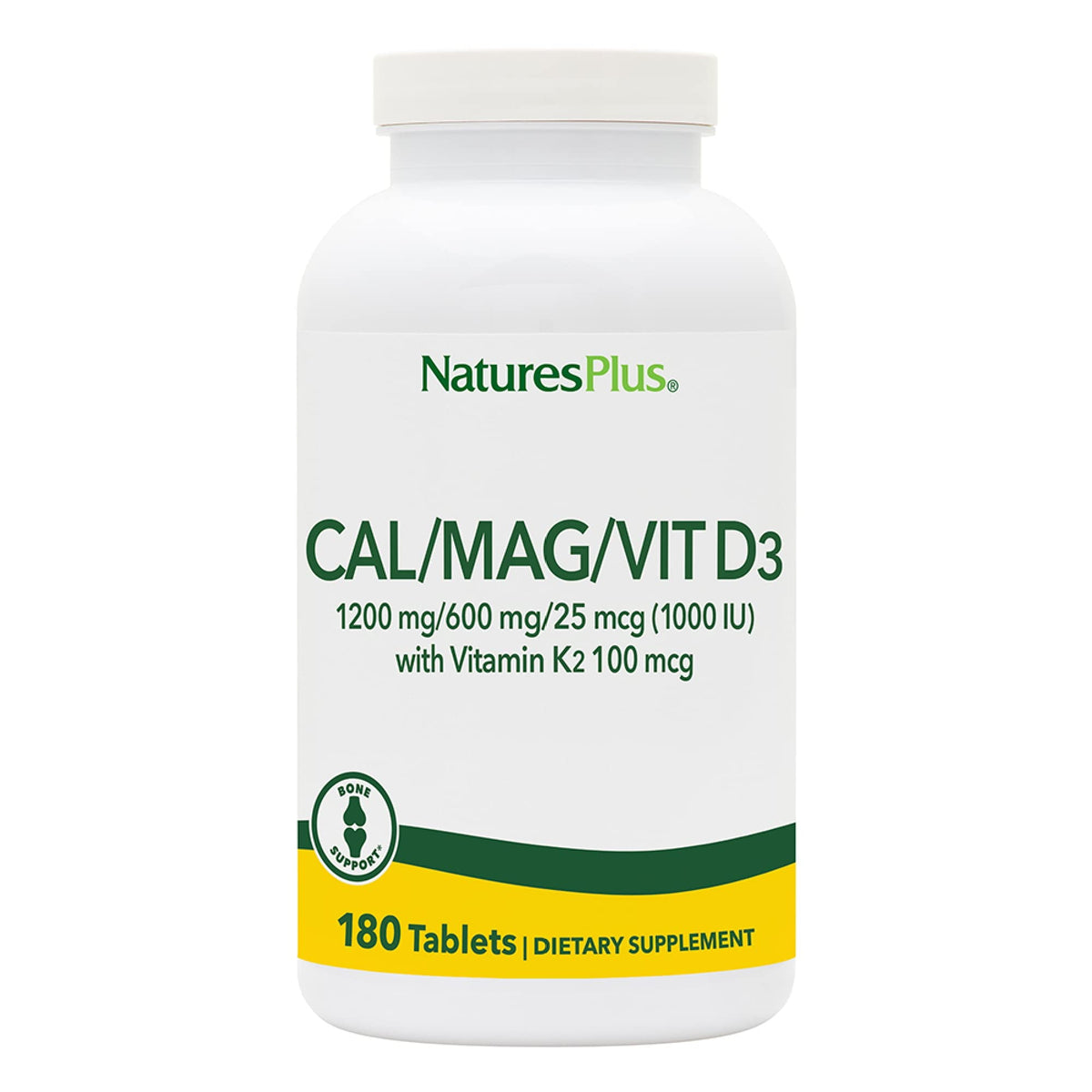 NaturesPlus Calcium Magnesium Vitamin D3 with K2 bottle front for bone support.