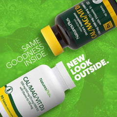 NaturesPlus calcium tablets close-up highlighting compact, easy-to-swallow tablets.