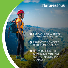 NaturesPlus Chasteberry bottle close-up highlighting fruit-based formula for menopause comfort.