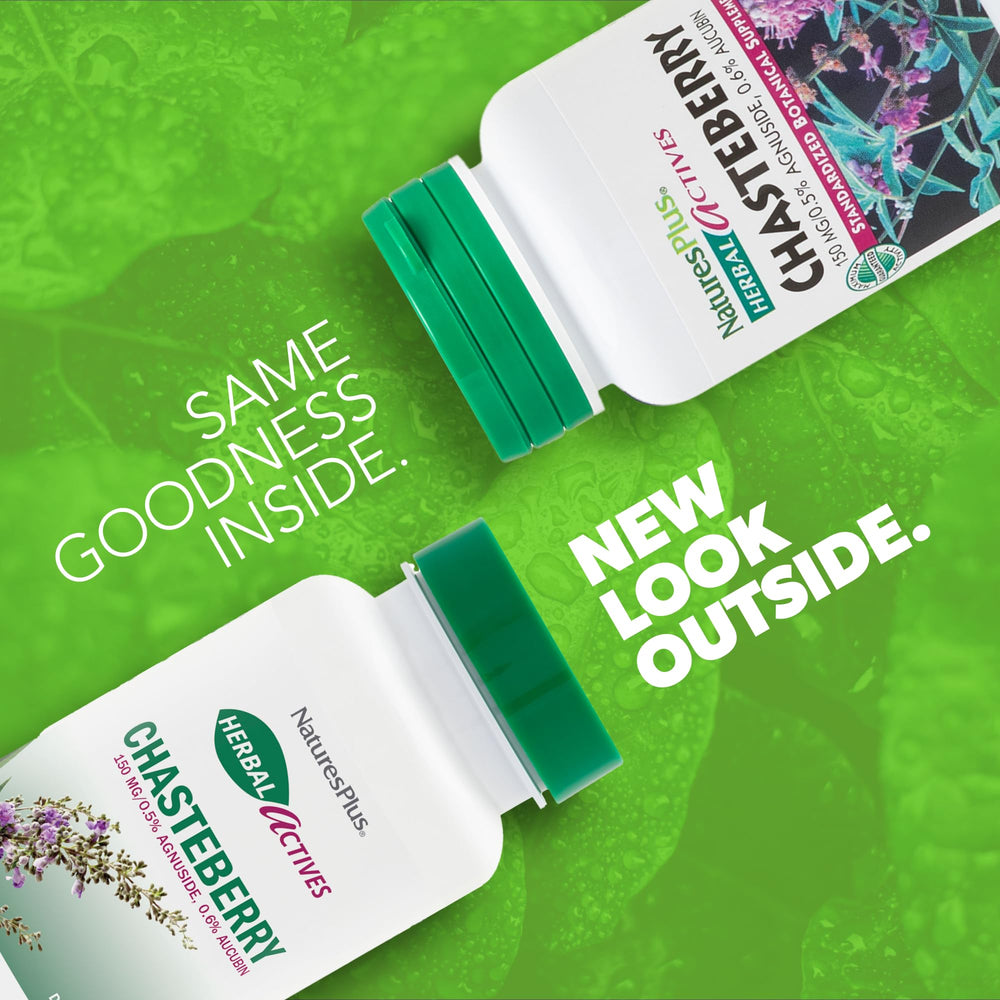 NaturesPlus Herbal Actives Chasteberry capsules highlighting the blend for vitality.