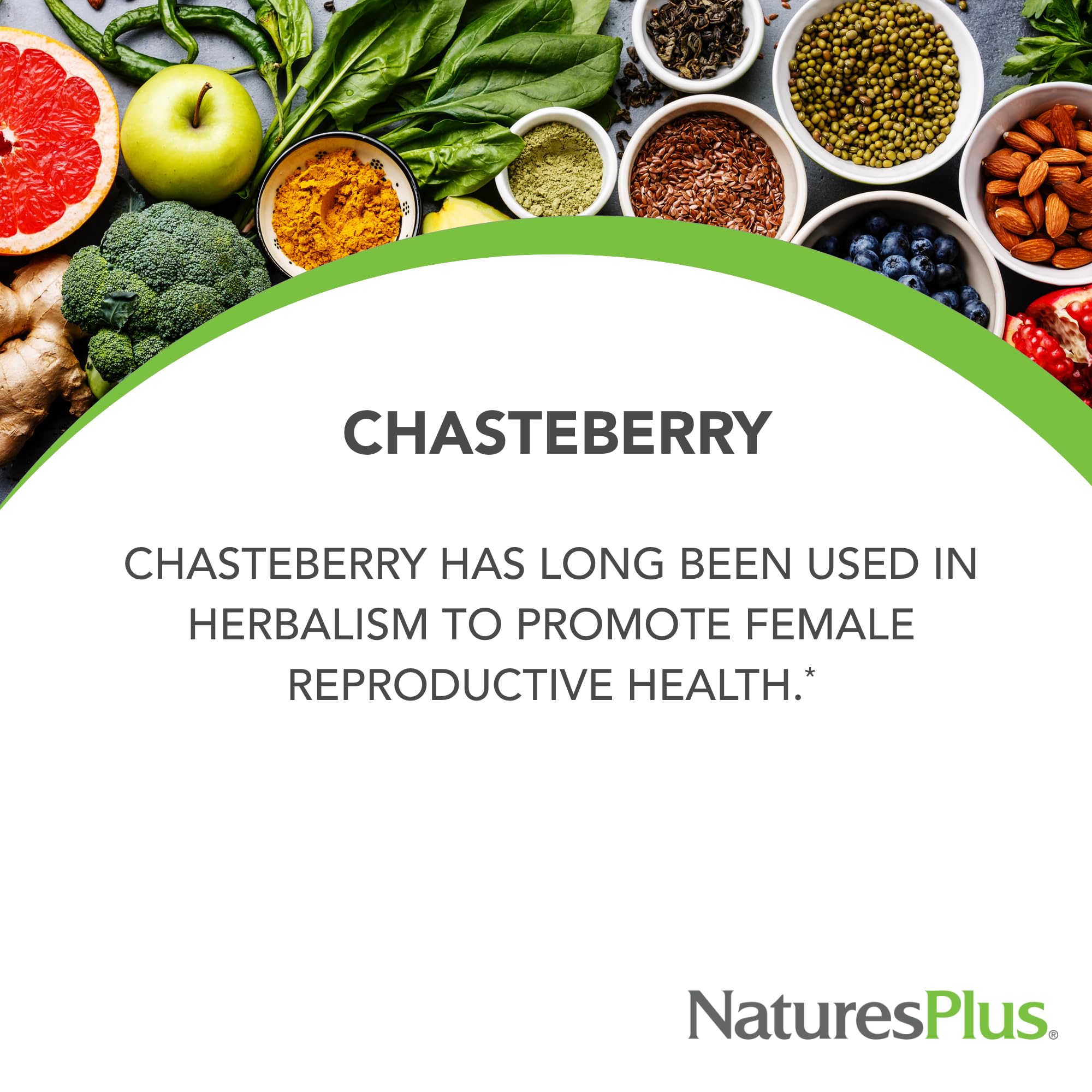 NaturesPlus Chasteberry ingredients on label emphasizing natural botanicals for reproductive health.